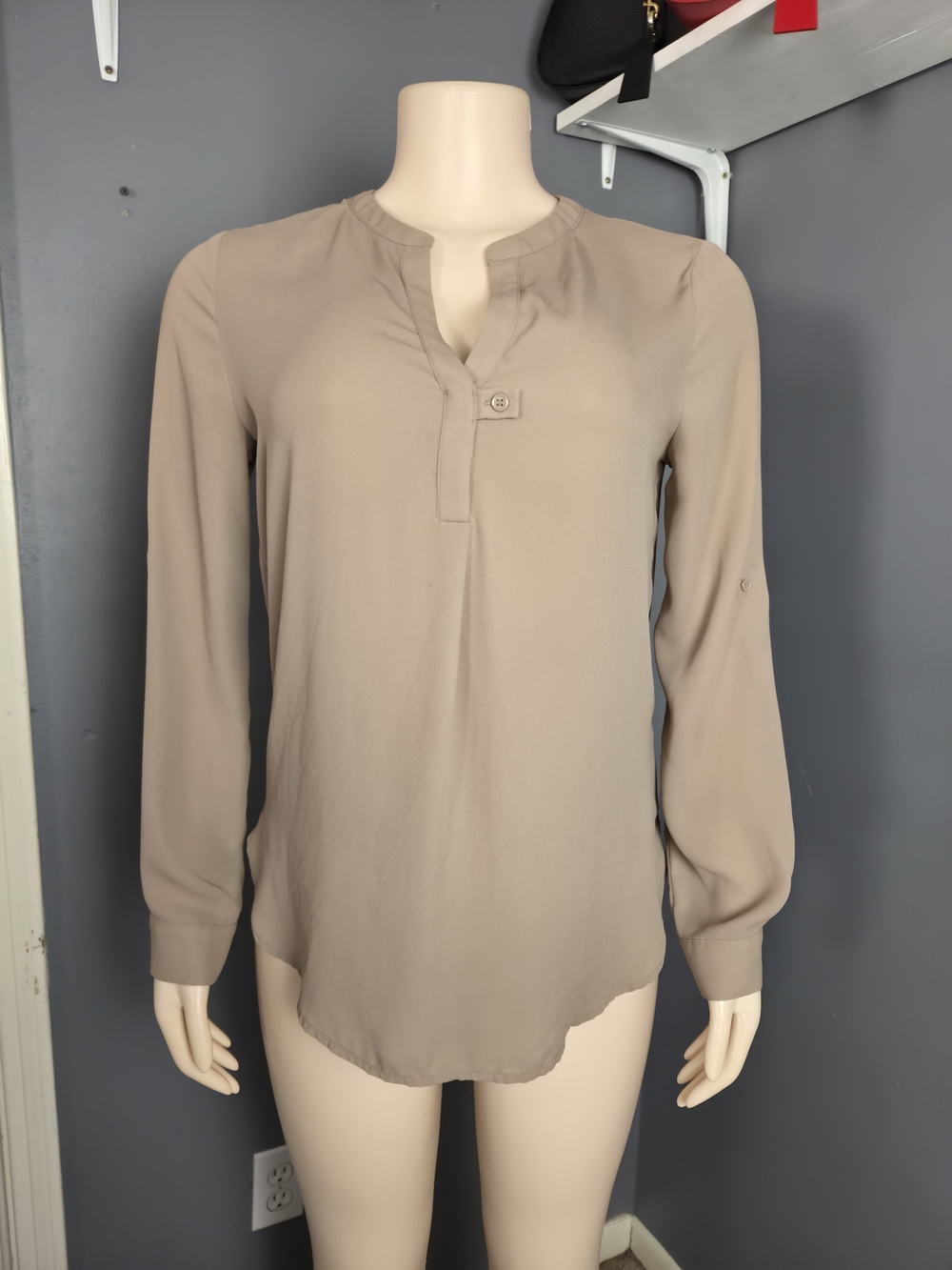 Pleione Taupe Button-Detail Long-Sleeve Blouse